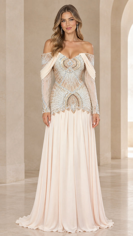 Front full-length view of champagne off-the-shoulder beaded bodice evening gown