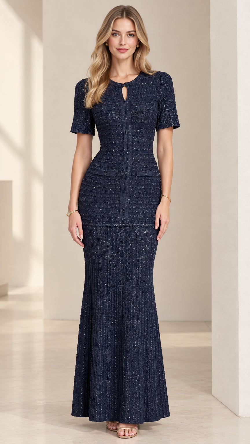 Navy Blue Short Sleeve Textured Knit Maxi Evening Dress Front View