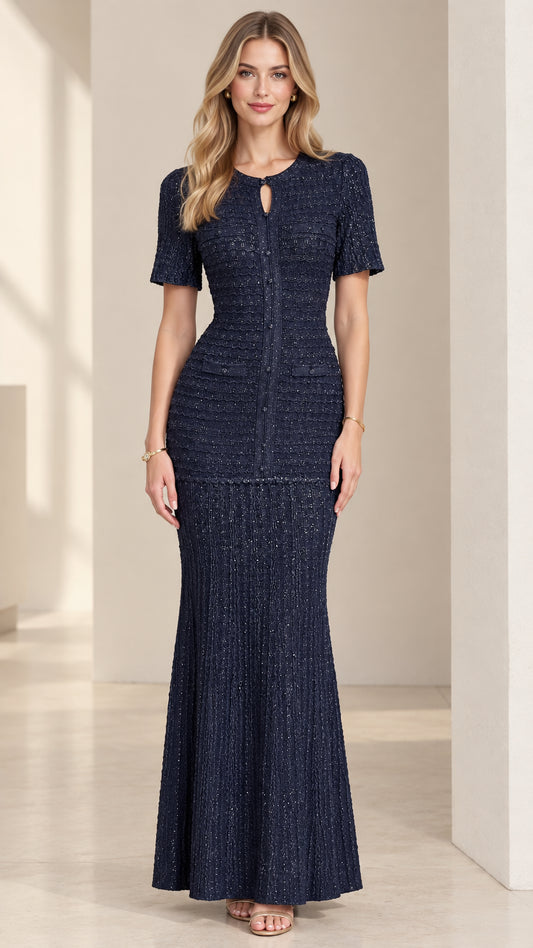 Navy Blue Short Sleeve Textured Knit Maxi Evening Dress Front View