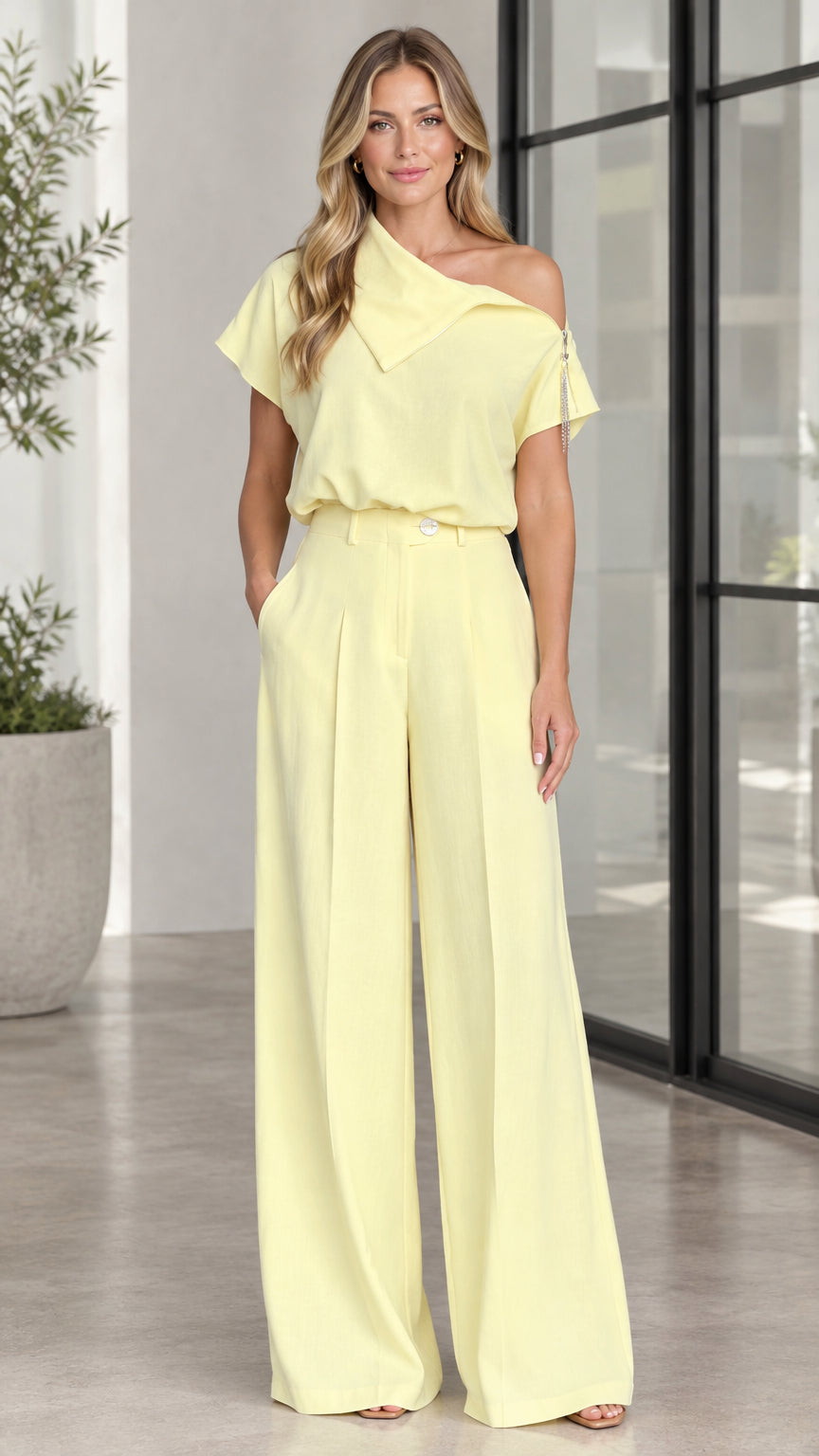 Butter Yellow asymmetric short sleeve top and wide leg pants set front view