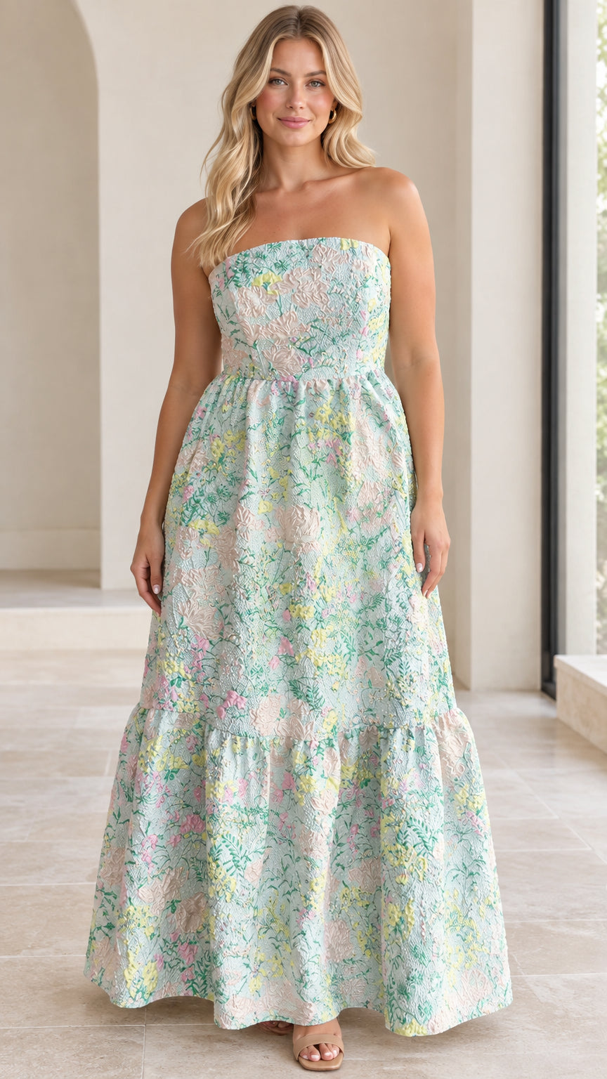 Front full view of women's strapless floral jacquard tiered maxi dress in mint green