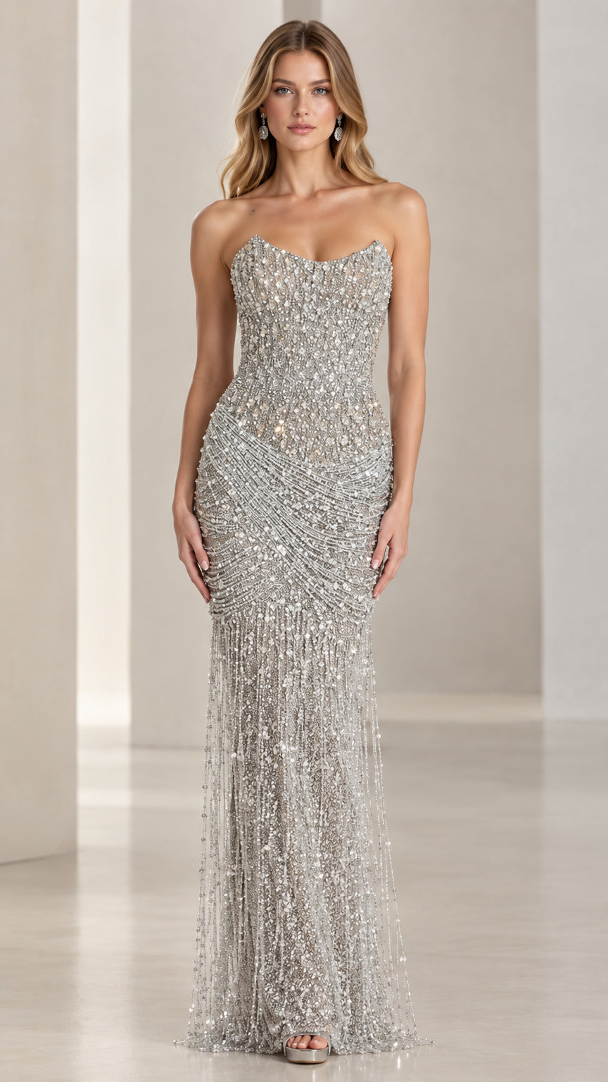 Strapless beaded sequin evening gown in silver front view