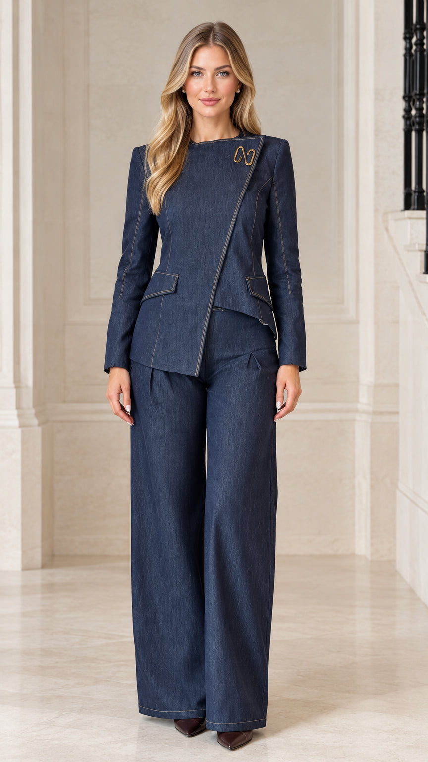Front view of model wearing Navy Blue asymmetric blazer and wide-leg trousers set