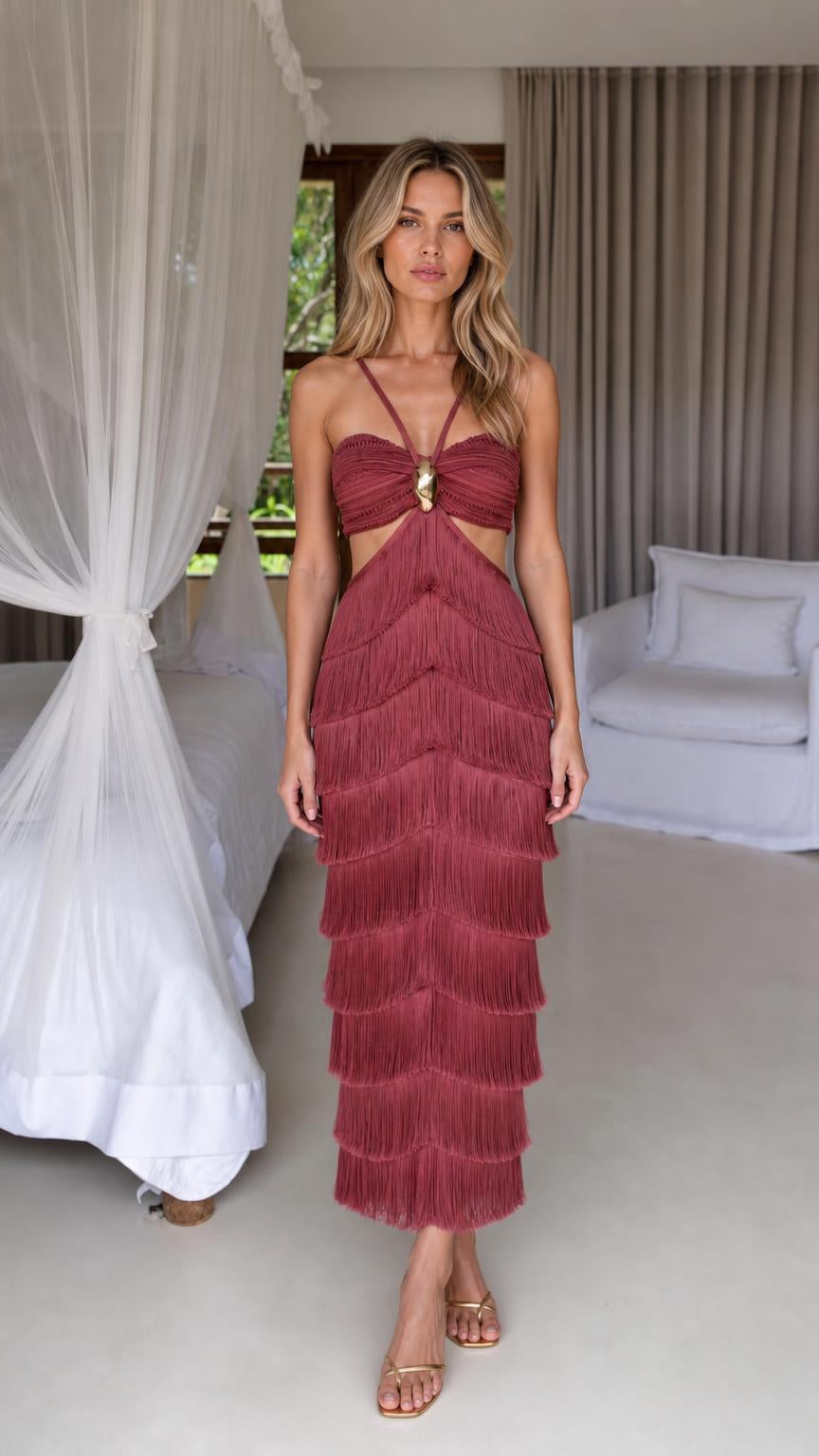 Front view of burgundy fringe midi dress
