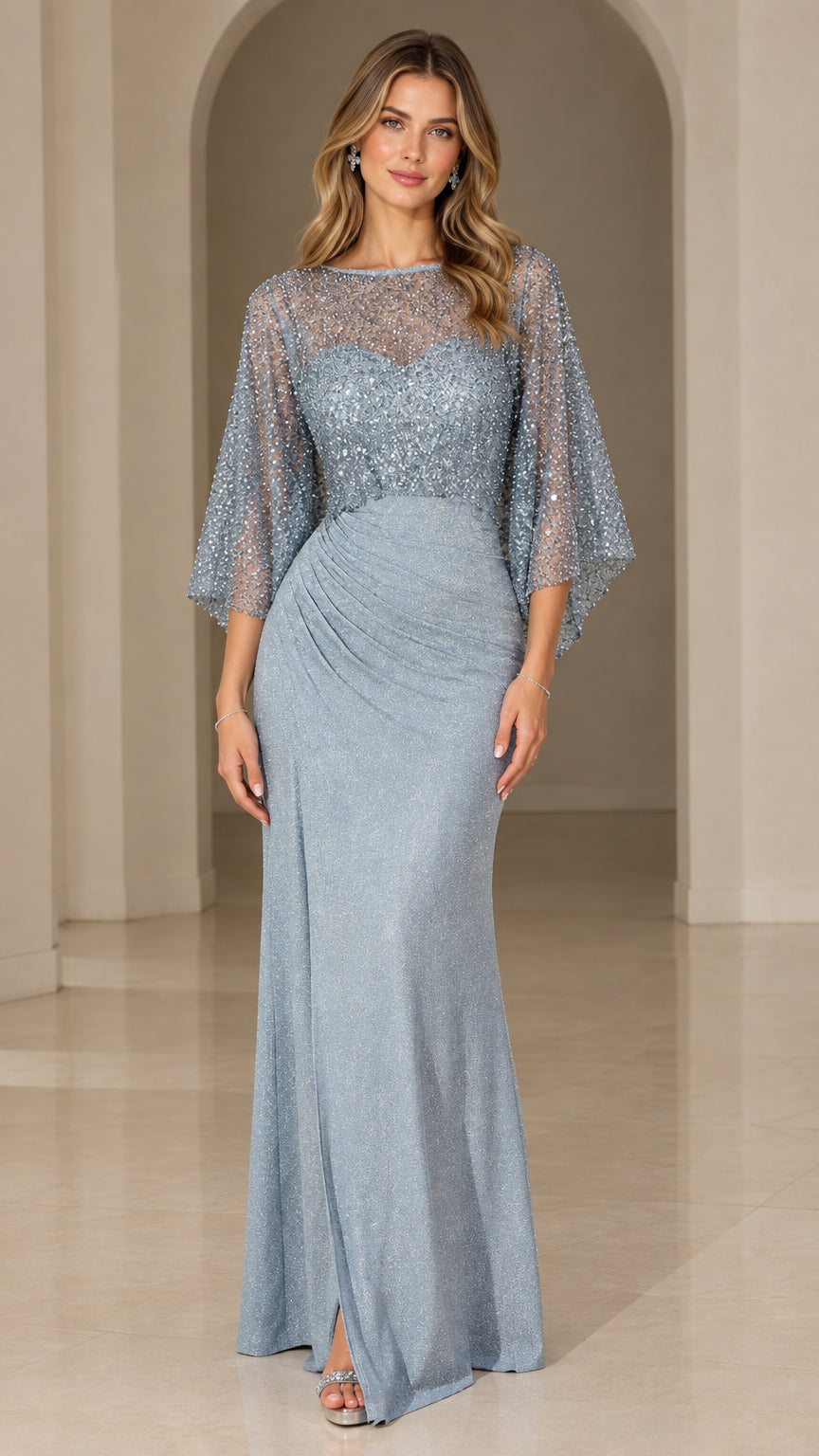 Front view of woman wearing dusty blue sequined flutter sleeve floor-length evening gown