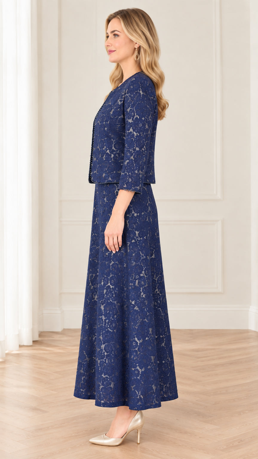 Side profile of navy blue lace evening dress set with 3/4 sleeve jacket