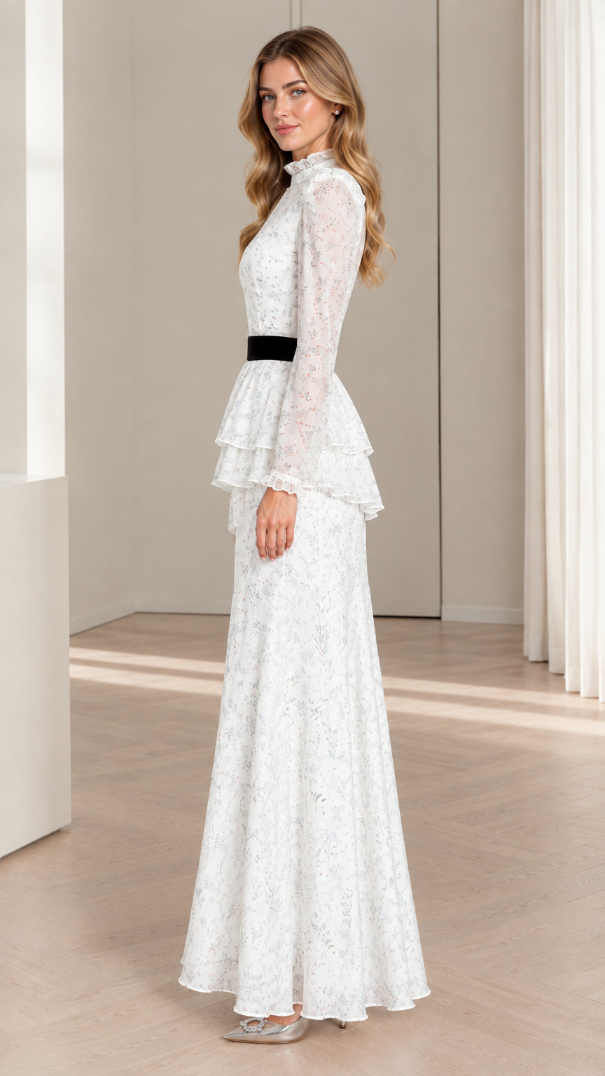 Side profile of model wearing white floral long sleeve maxi dress