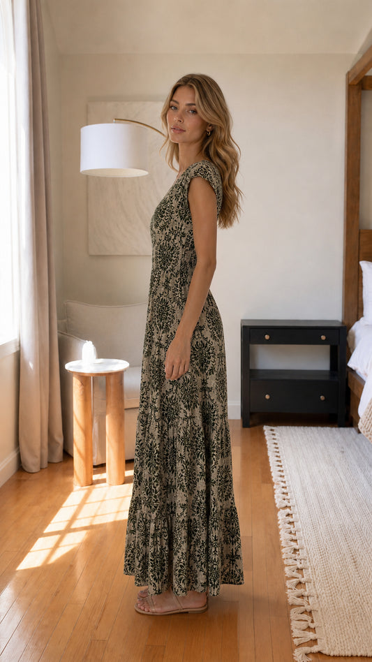 Side profile of model in sage green maxi dress