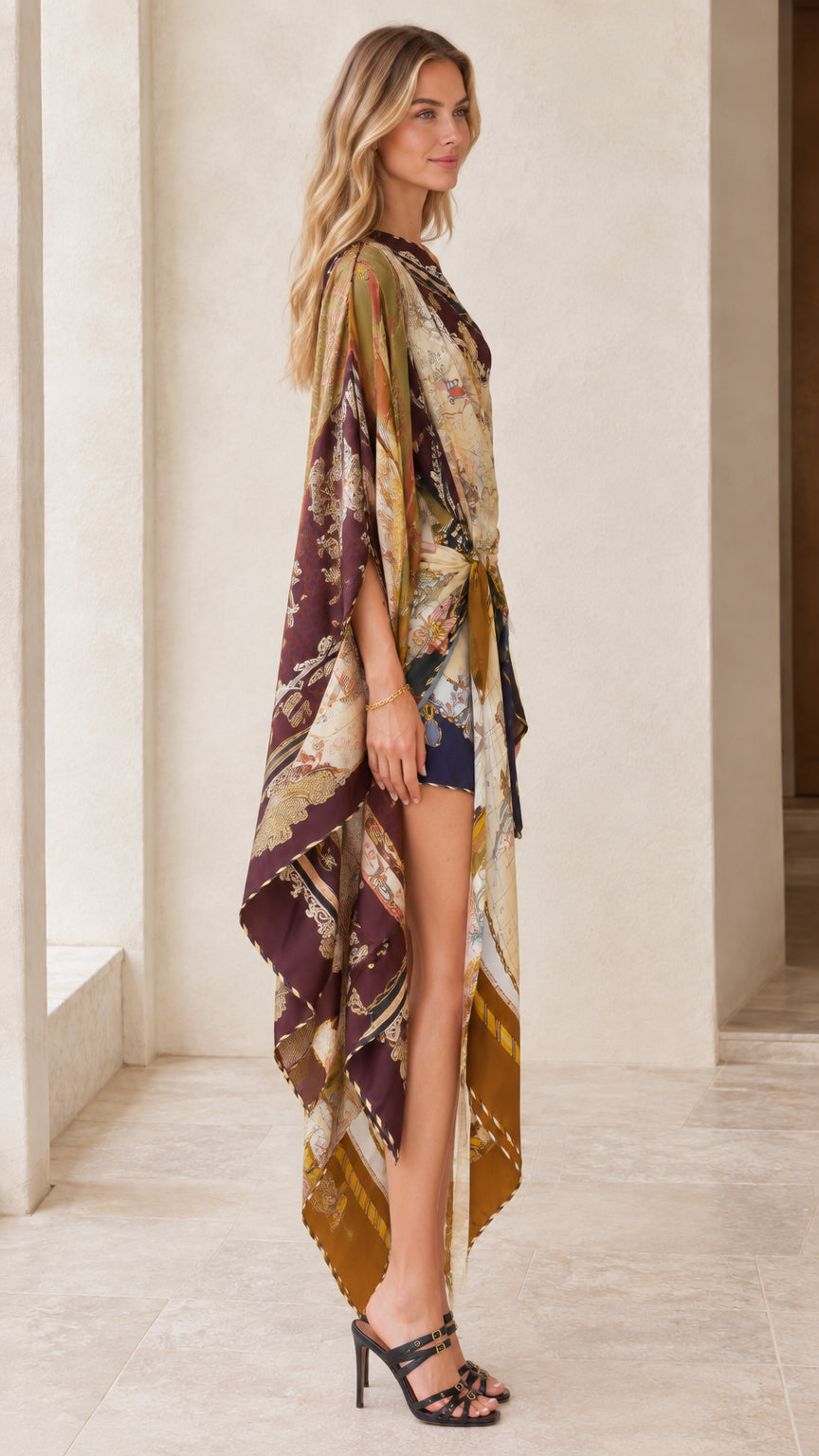 Side view of model showing draped cape silhouette and side slit hem in Wine Multi dress