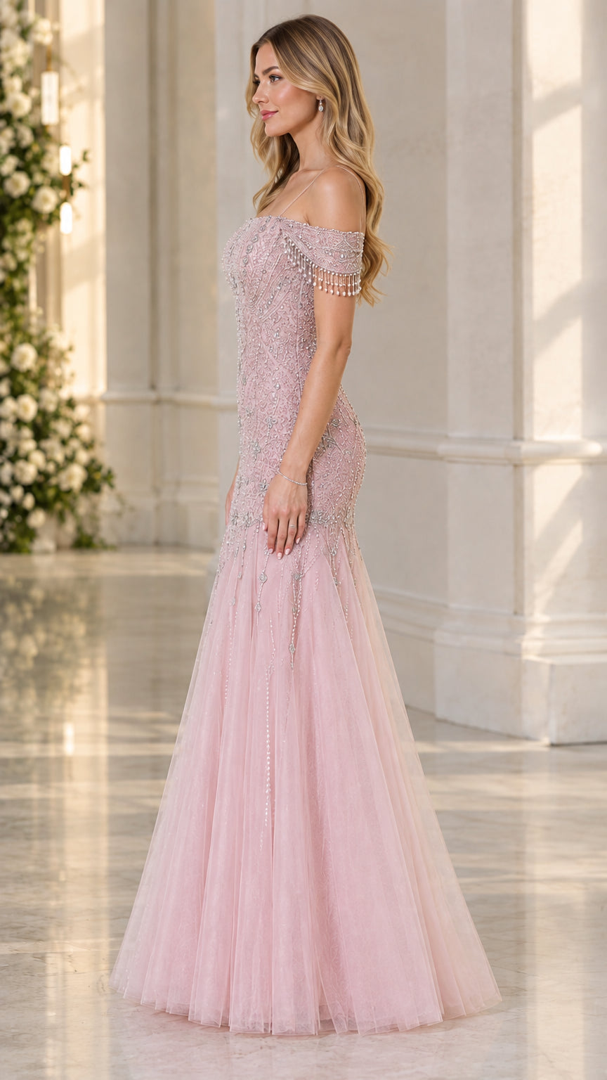 Dusty rose beaded tulle formal gown side profile view