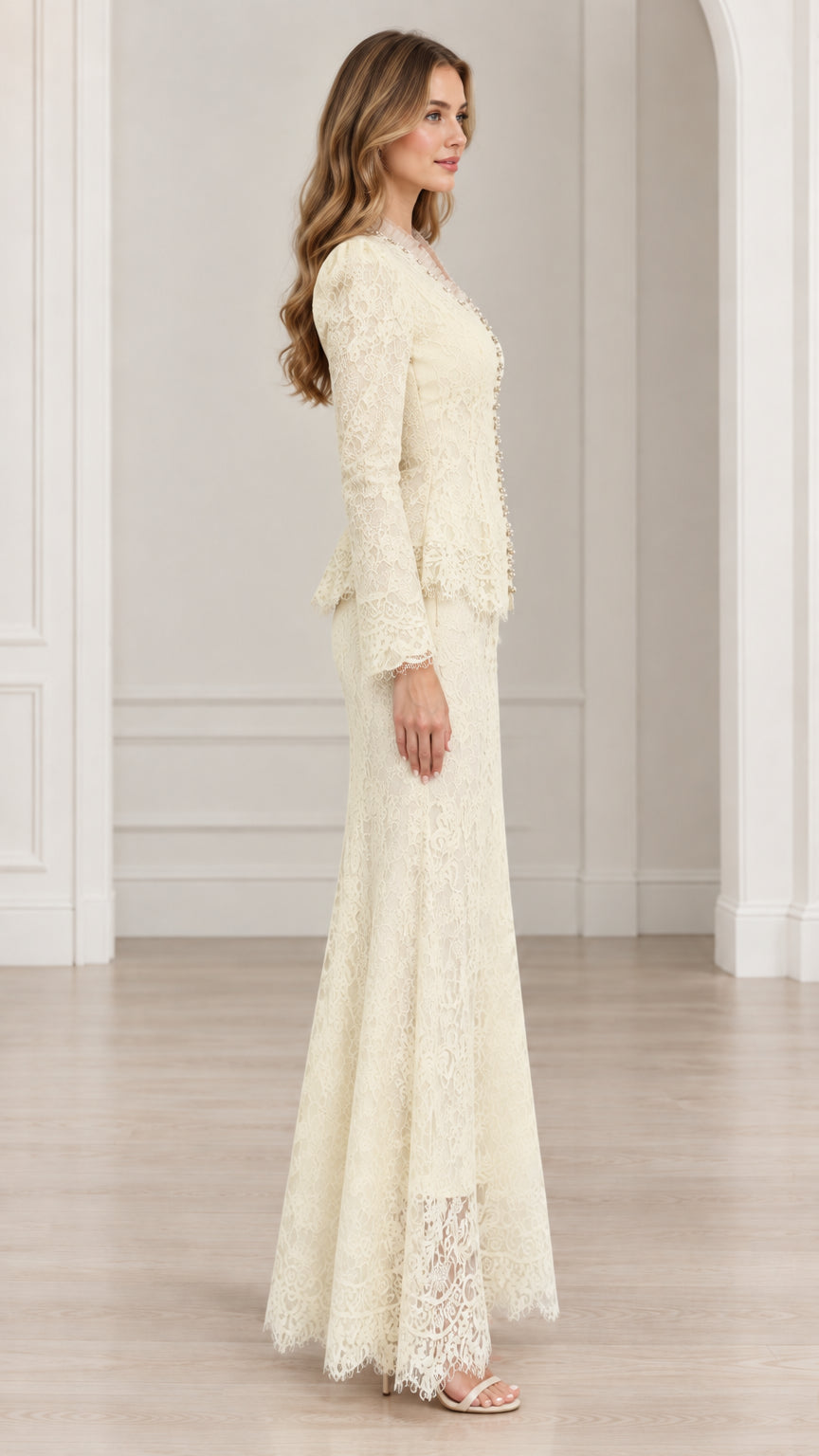 Side profile view of Ivory lace long sleeve formal two-piece set