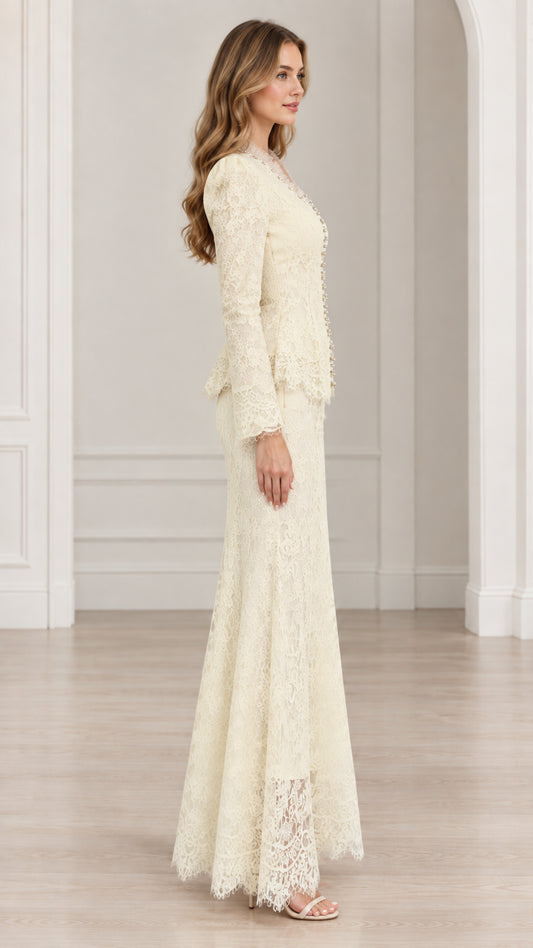 Side profile view of Ivory lace long sleeve formal two-piece set