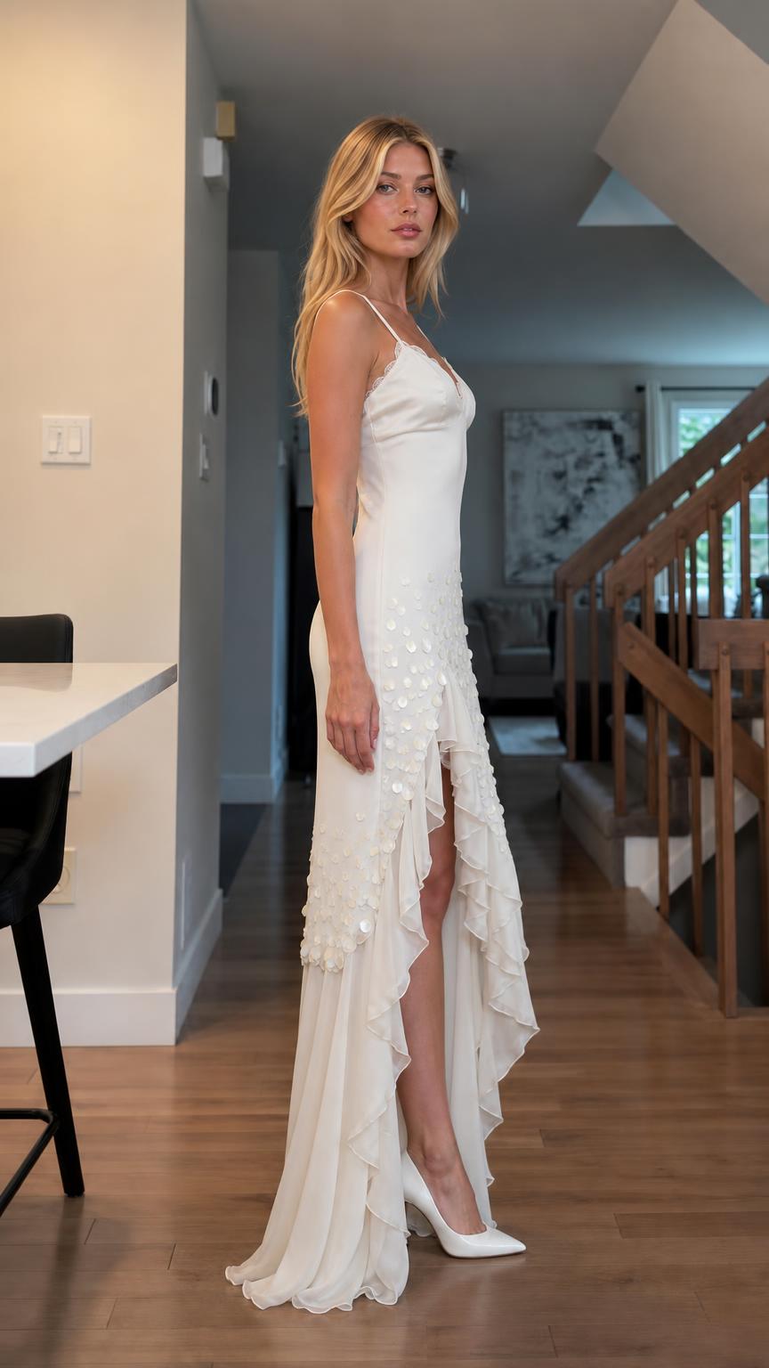 Side profile view of White sequin maxi dress with high slit
