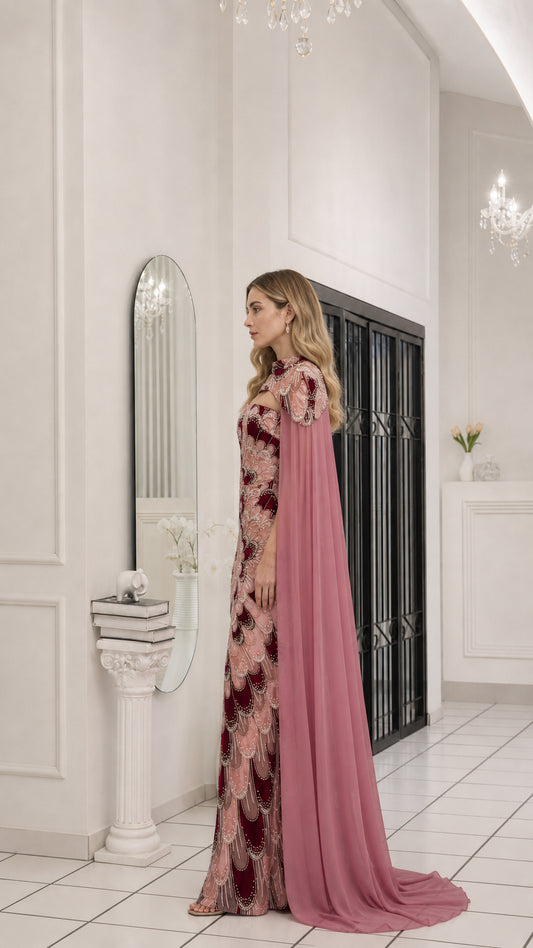 Side profile view of dusty pink evening dress