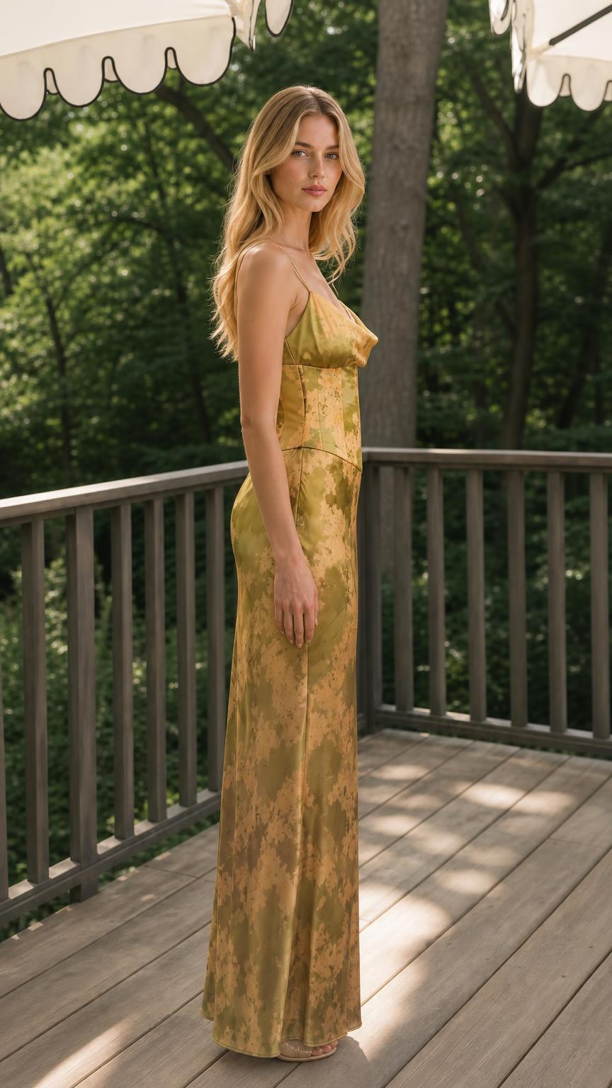 Side view of olive green corset maxi dress