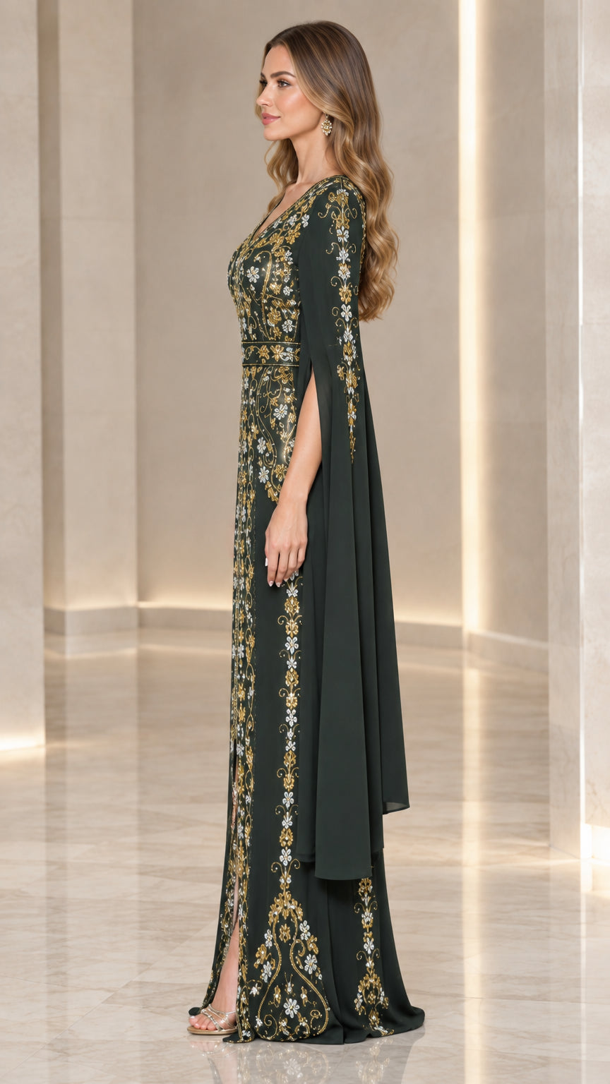 Side profile view of dark green cape sleeve maxi dress with gold embroidery