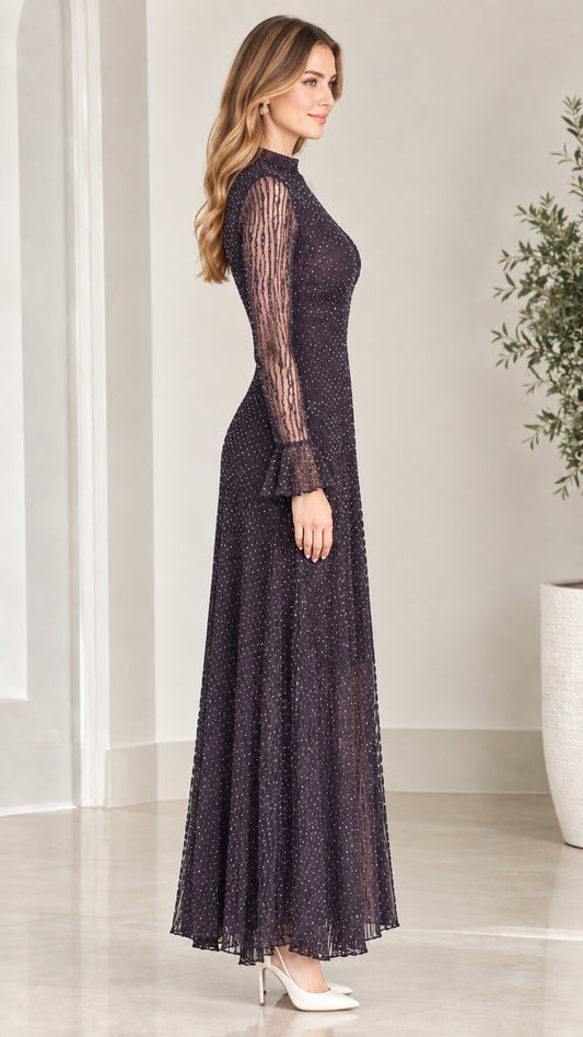 Side profile view of dark purple shimmering pleated maxi dress with sheer sleeves