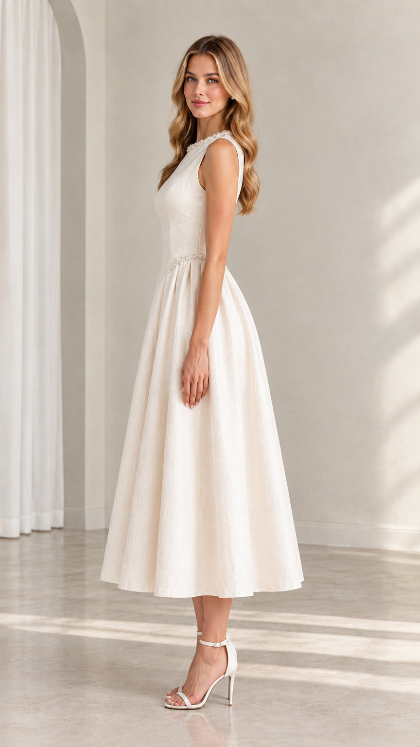 Side profile view of ivory pleated midi cocktail dress