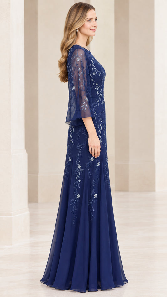 Side profile of elegant navy blue evening dress with embroidered floral vines