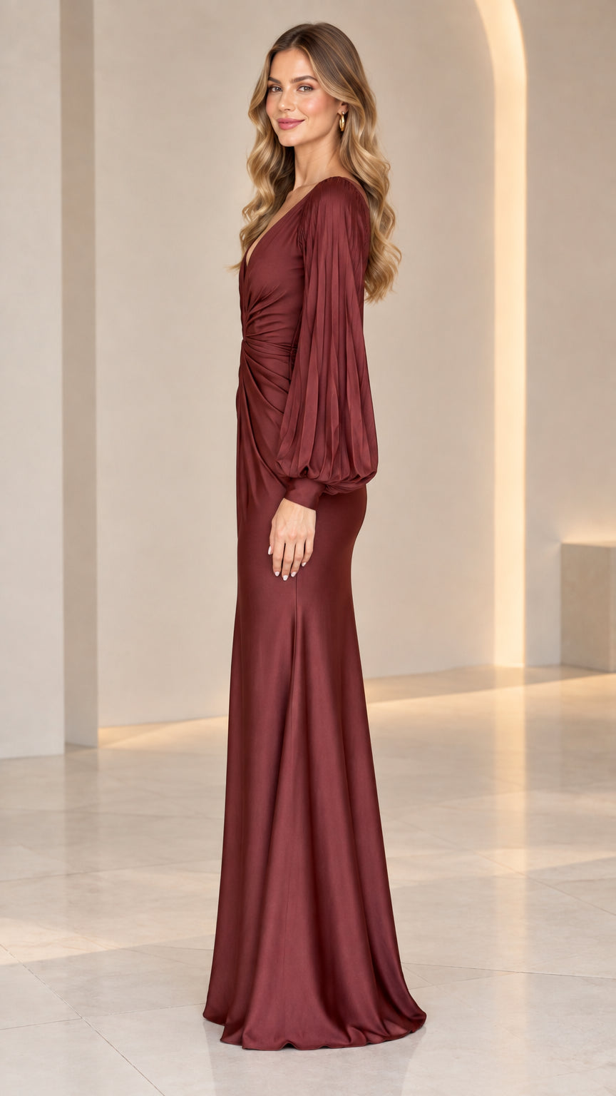 Model wearing Burgundy satin-finish evening gown - side view