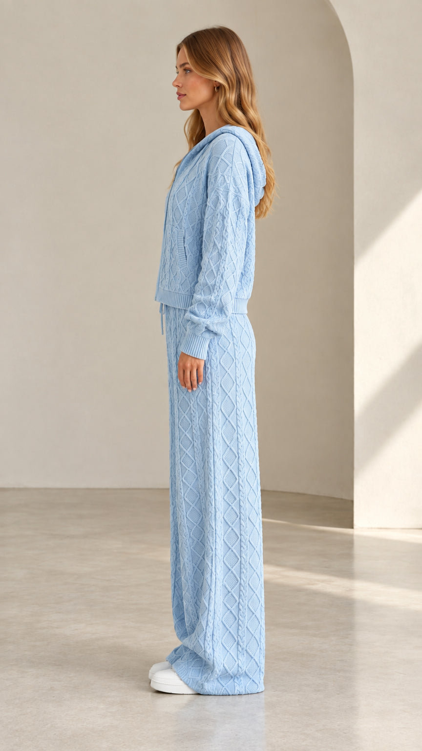 Light blue cable knit two-piece loungewear set side view