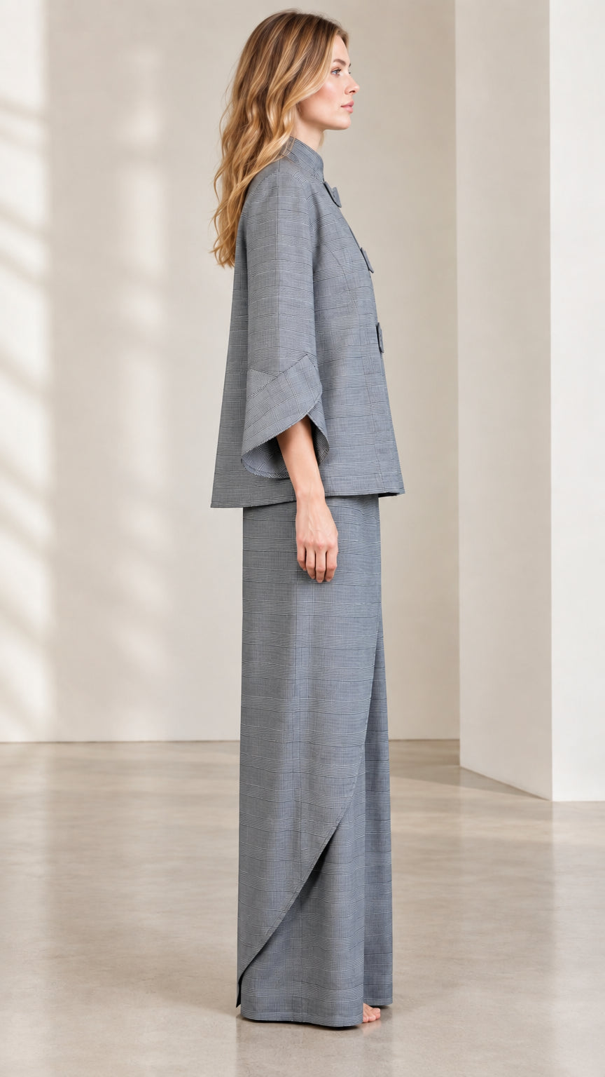Side profile of Grey Plaid Mandarin Collar Jacket and Wide-Leg Pants