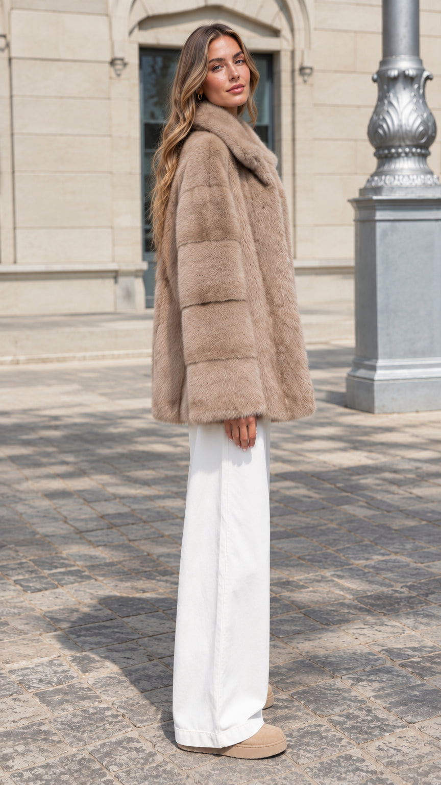Side profile view of model wearing taupe plush faux fur mid-length jacket