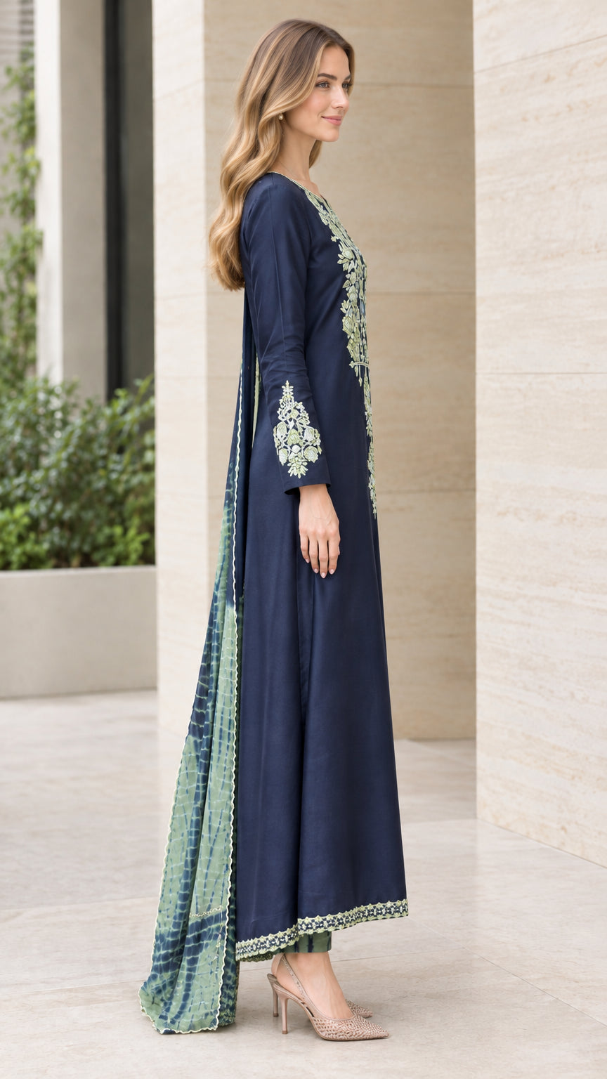 Side view of woman wearing Navy Blue long embroidered tunic and patterned dupatta