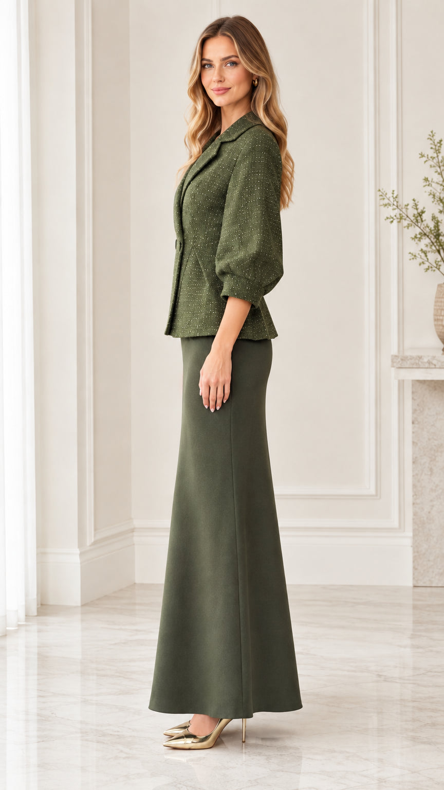Side profile view of woman wearing olive green peplum jacket and maxi skirt