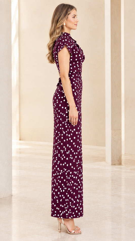 Side profile of Burgundy polka dot column maxi dress showcasing slim silhouette