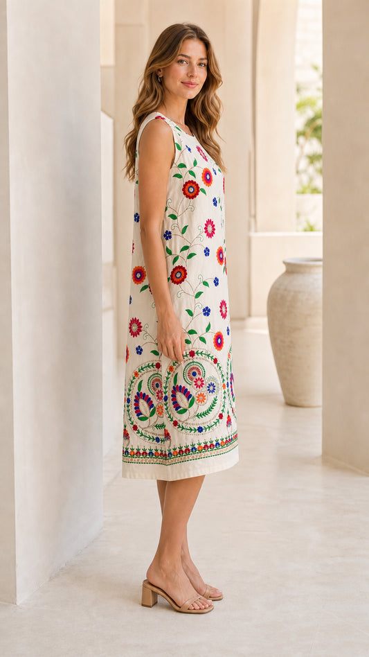 Side profile of woman in white embroidered sleeveless midi dress