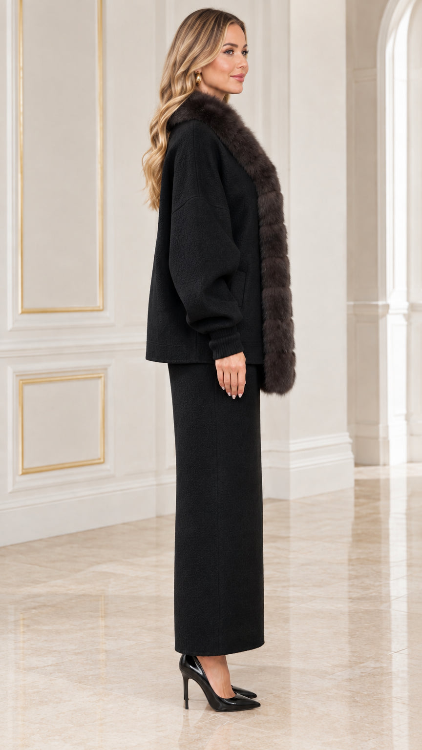 Side profile view of black two-piece cardigan and long skirt outfit