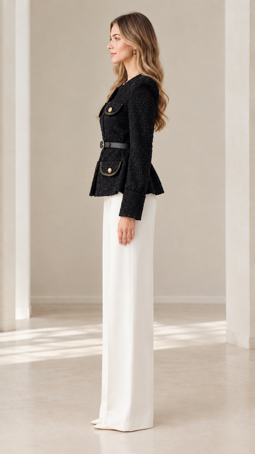 Side profile view of woman wearing black structured tweed jacket with peplum hem