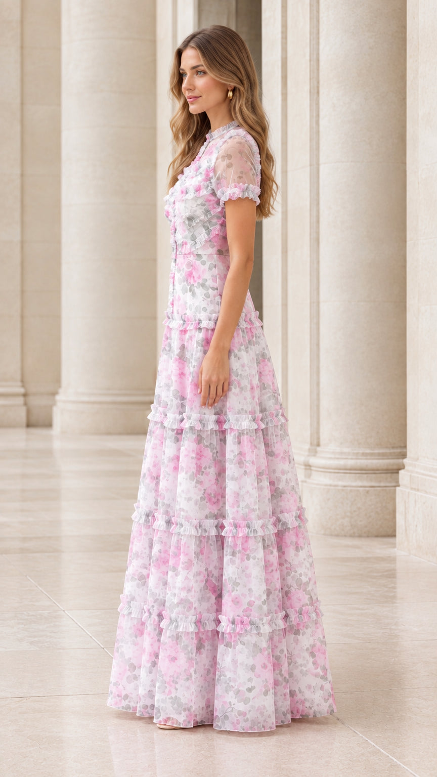 Side profile view of the pink floral ruffle tiered maxi dress