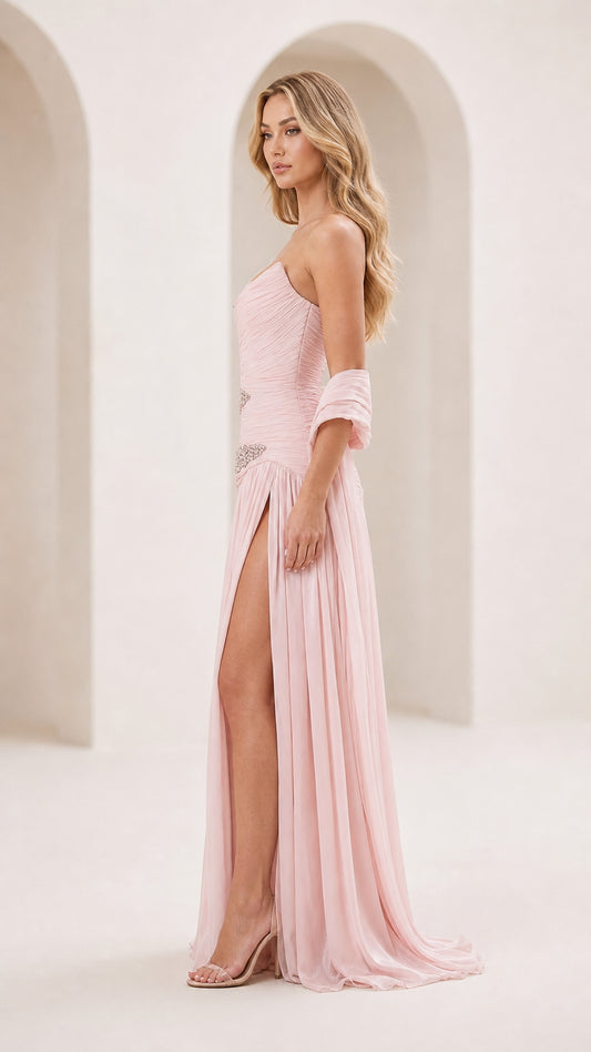 Pink formal dress side profile view