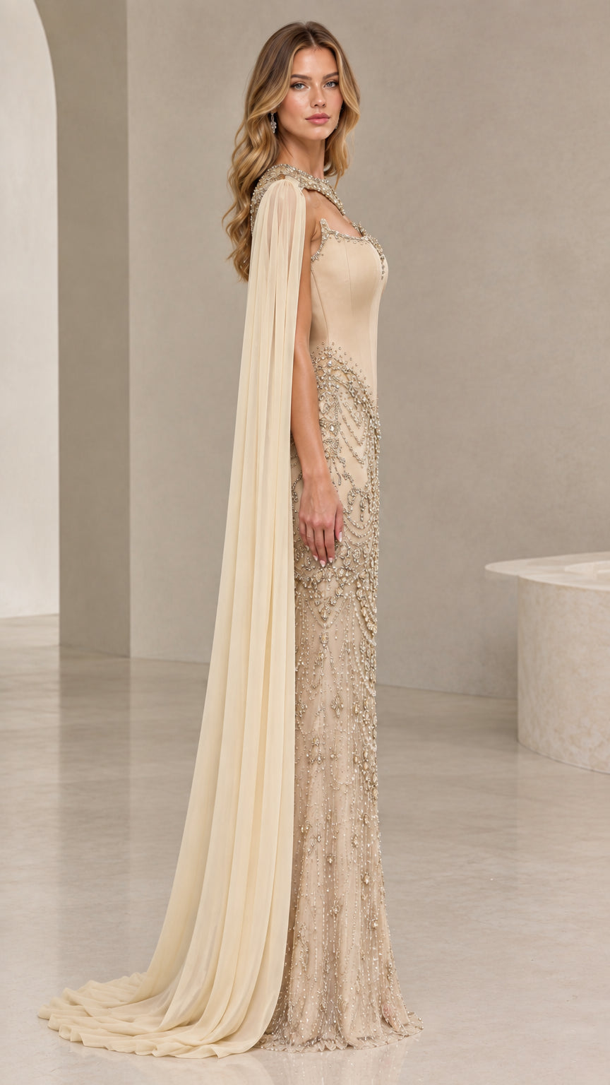 Champagne beaded formal dress with floor-length cape drape side view