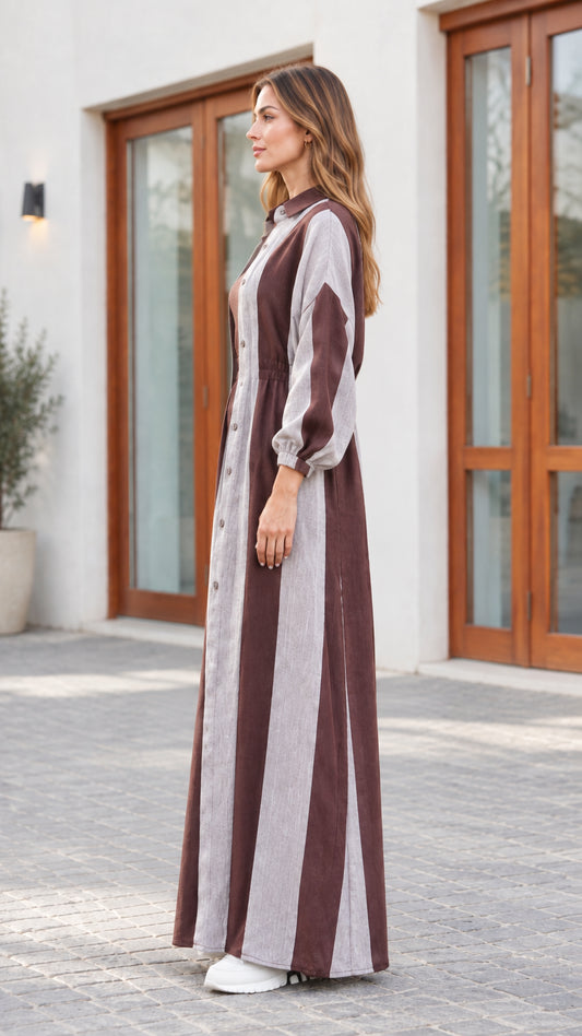 Side profile view of brown striped duster and inner dress set