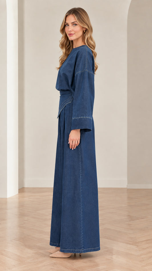 Women's denim blue matching set side profile view