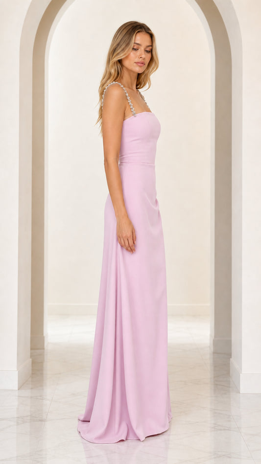 Side profile of lavender formal maxi dress showing subtle drape and fit