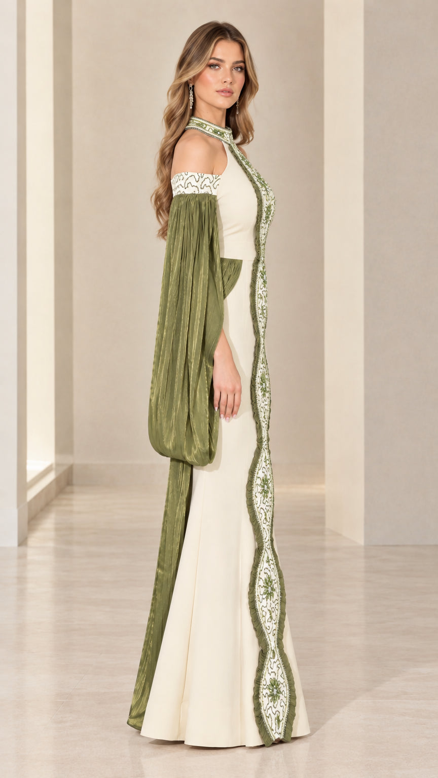 Side-angle view of ivory and olive formal dress showcasing pleated flowing sleeves