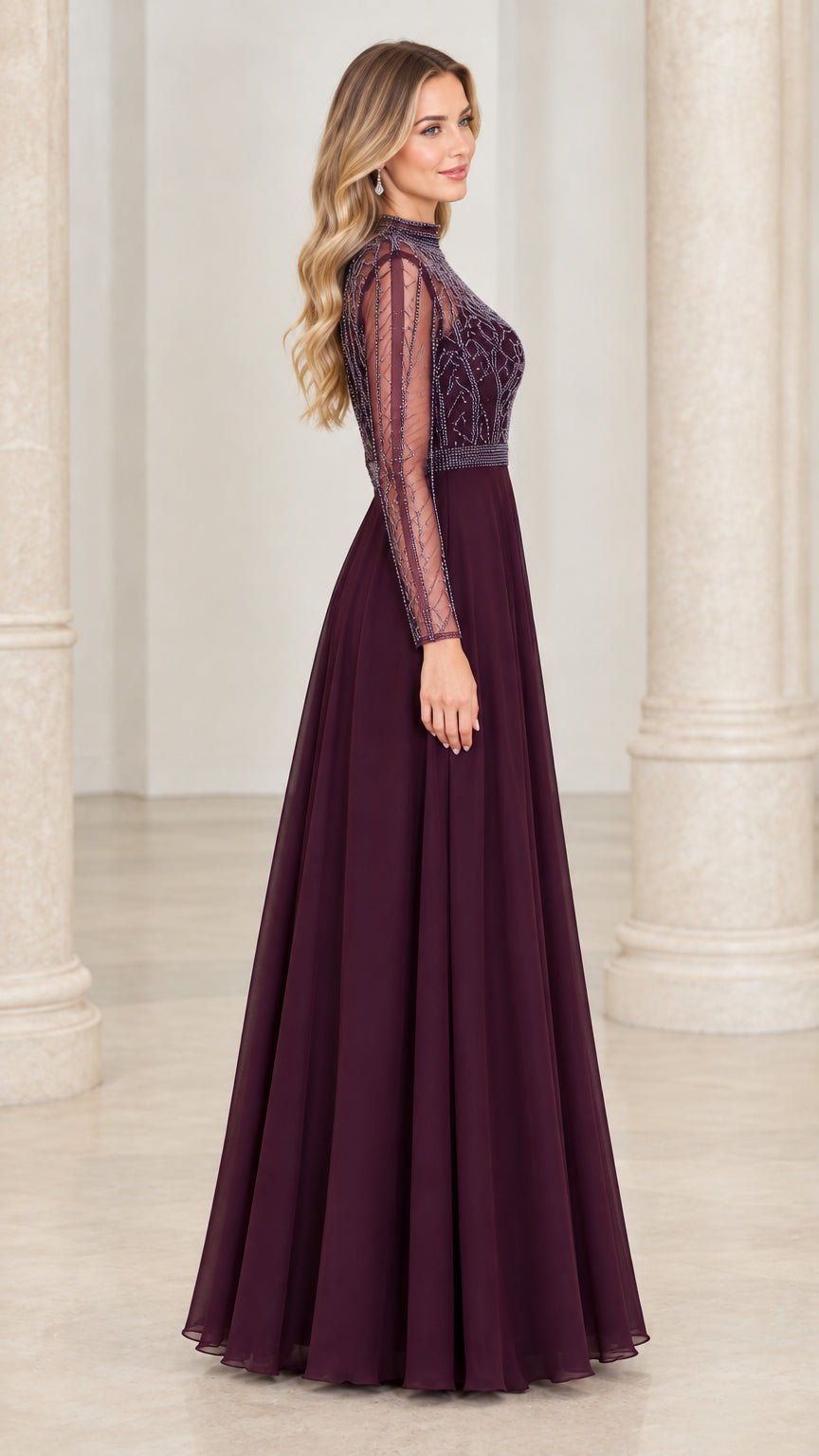 Side profile view of plum A-line beaded chiffon formal gown
