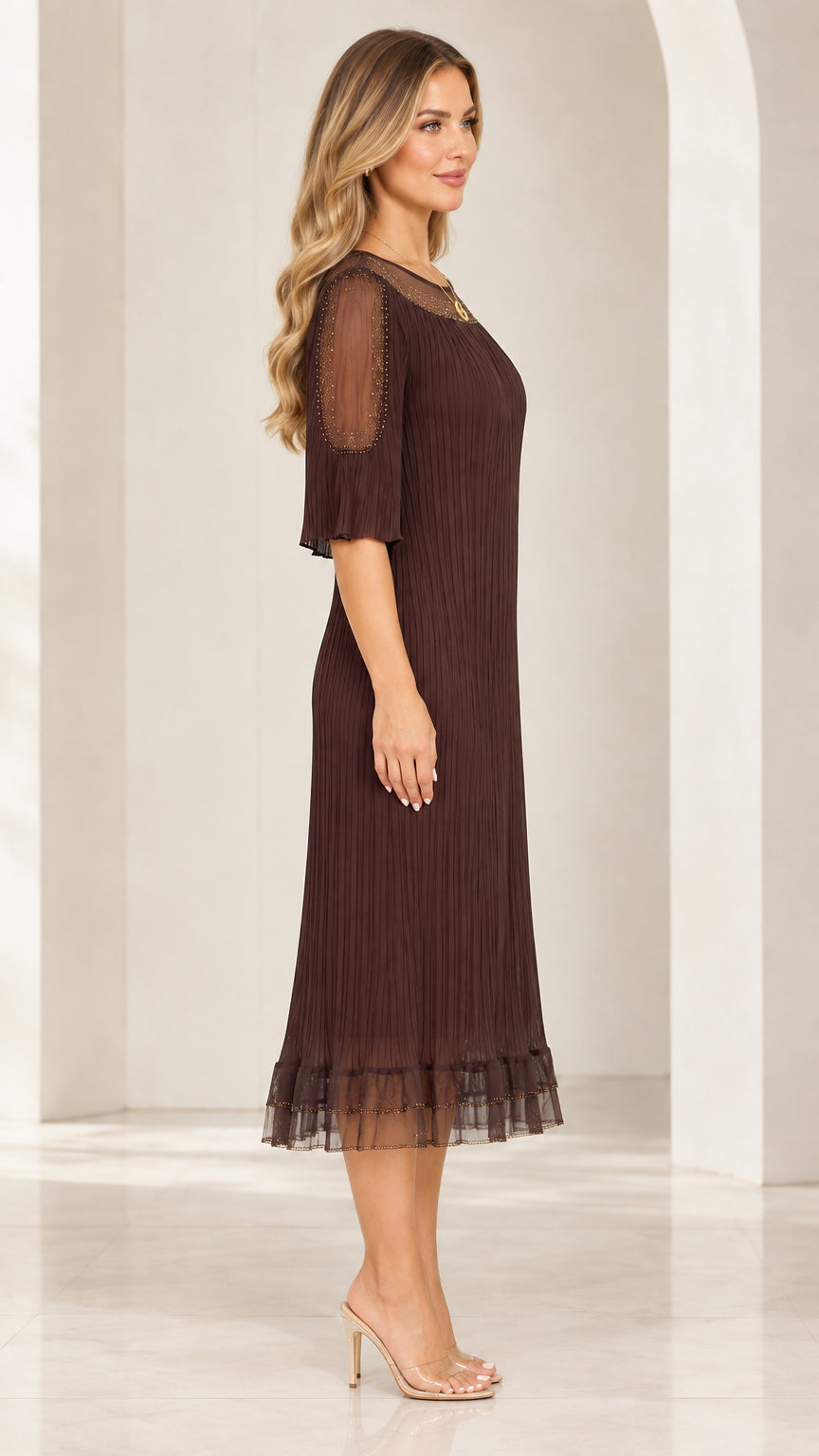 Side profile view of woman modeling Coffee Brown pleated midi dress with half sleeves