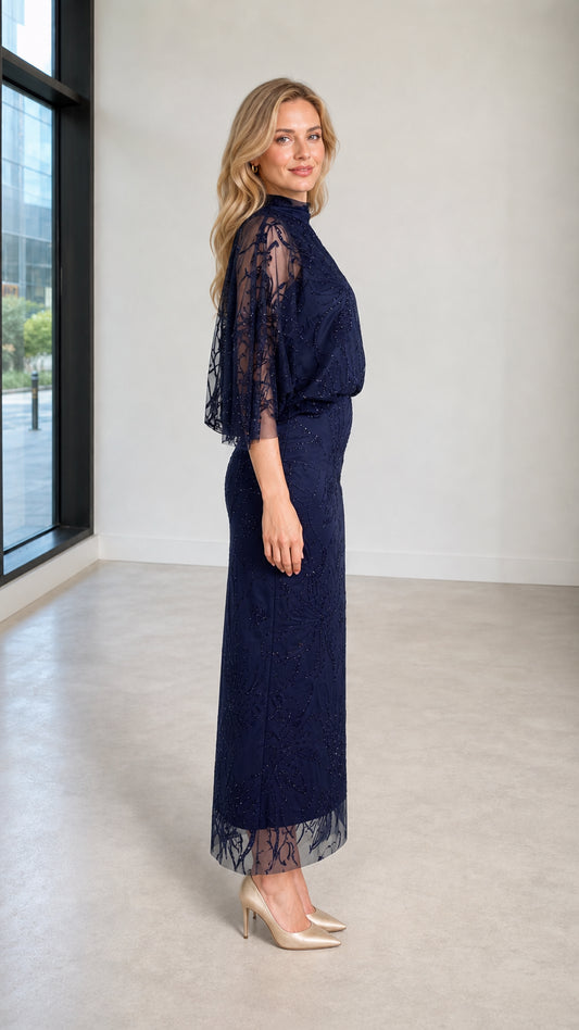 Side profile view of Navy formal evening gown
