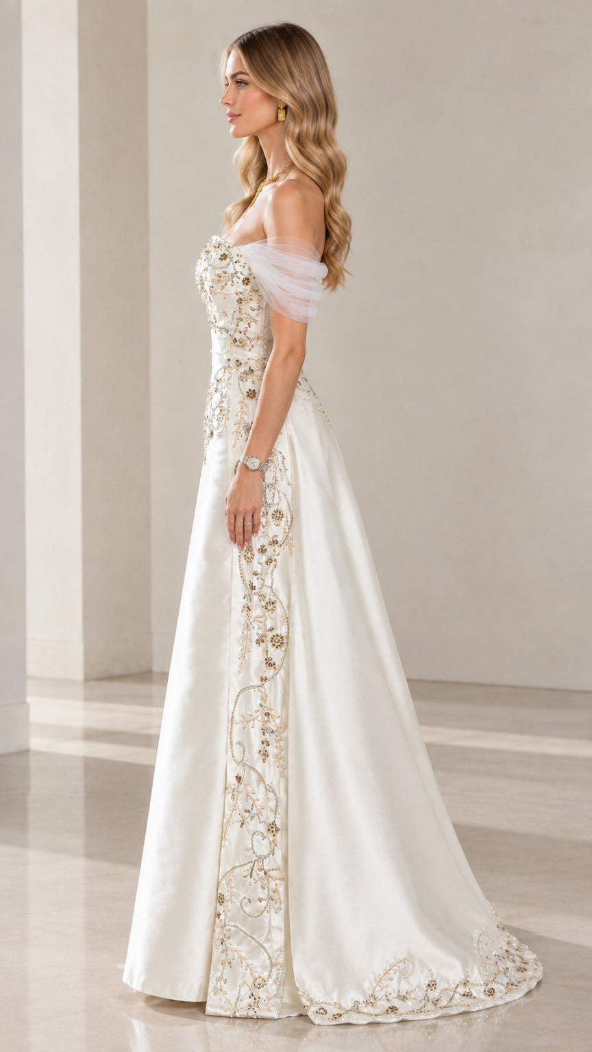Side profile view of ivory satin A-line formal gown with sheer drape sleeves