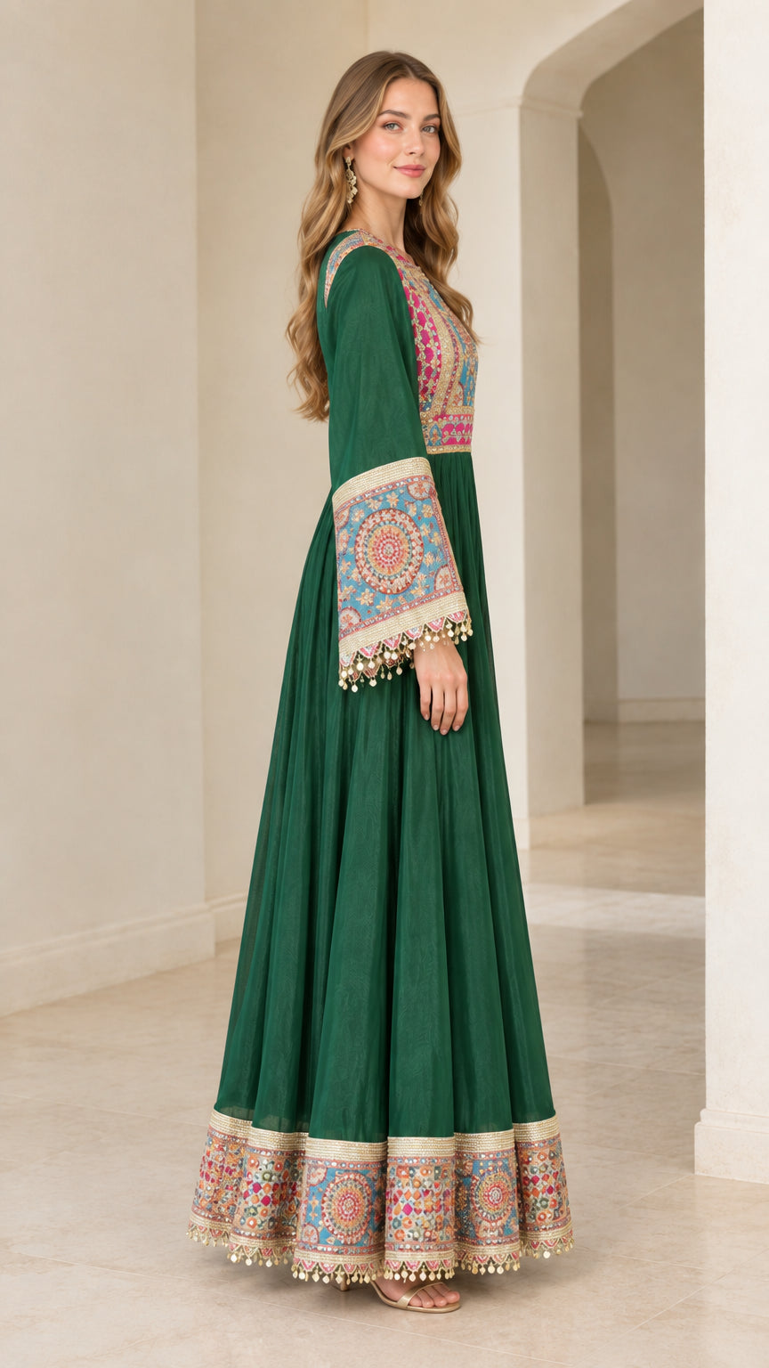 Emerald Green long flare sleeve ethnic style gown side profile