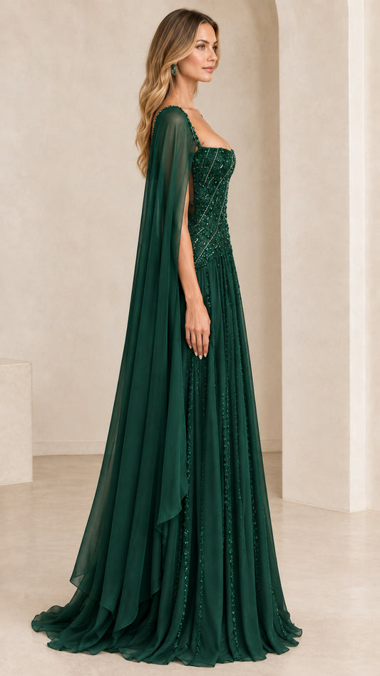 Side profile view of emerald green cape sleeve formal maxi dress