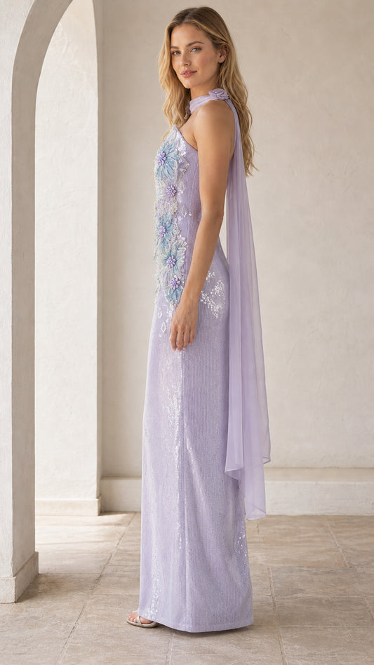 Lavender evening gown side profile view showing drape
