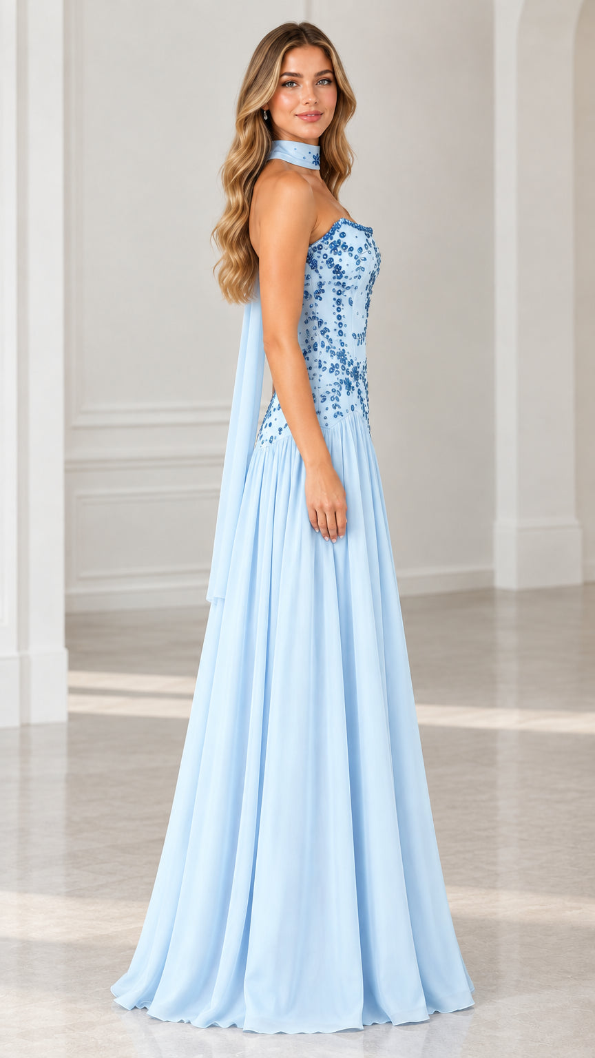 Side view of light blue strapless A-line evening dress with drop waist
