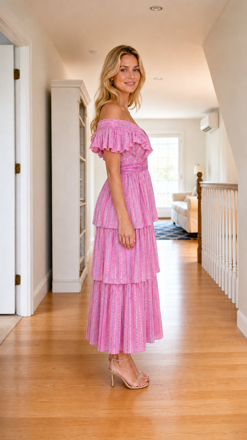 Side view of pink off-shoulder ruffle tiered midi dress