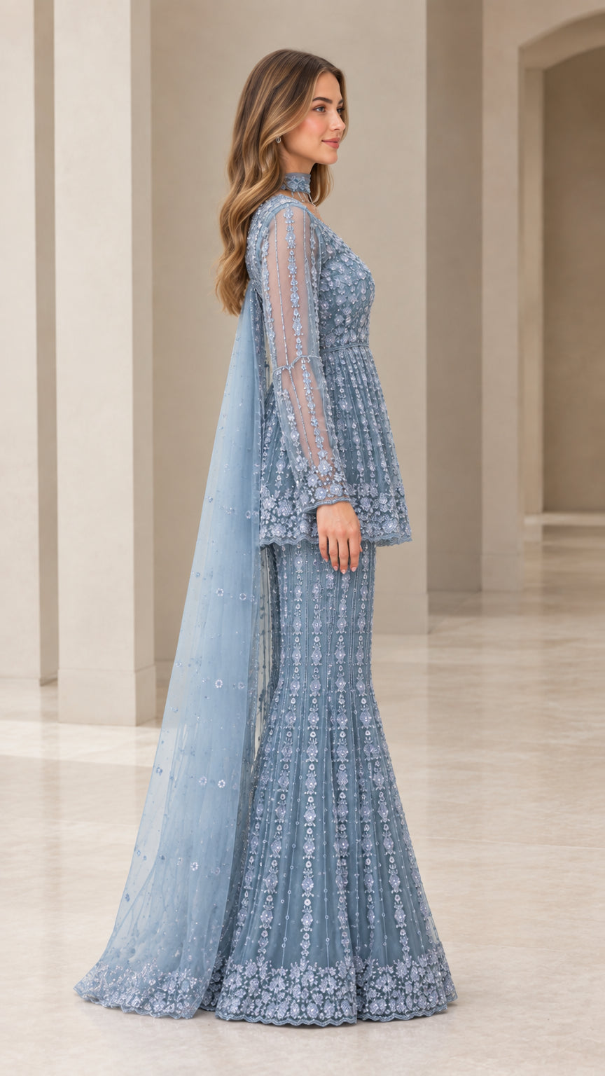 Dusty Blue embellished pant suit with cape side profile